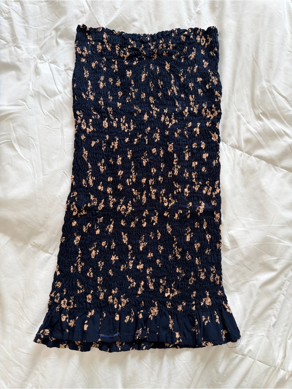 Smocked Navy Floral Midi Skirt with Ruffle Hem